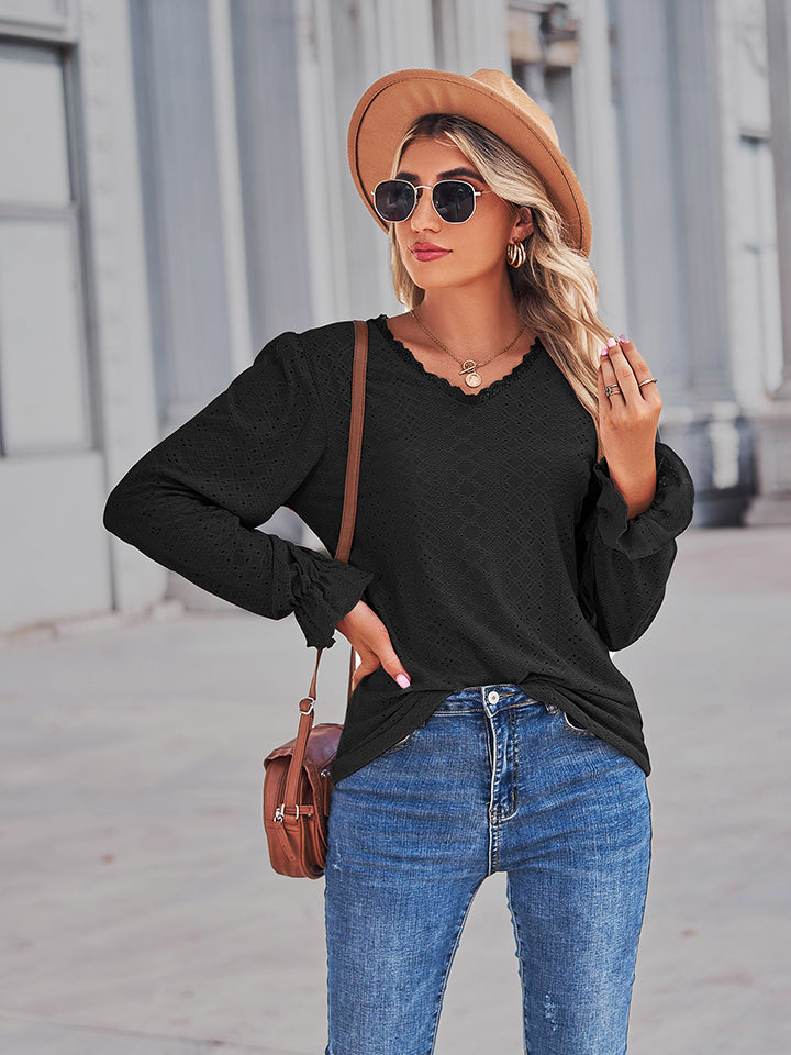 Women's Eyelet V-Neck Flounce Sleeve Blouse