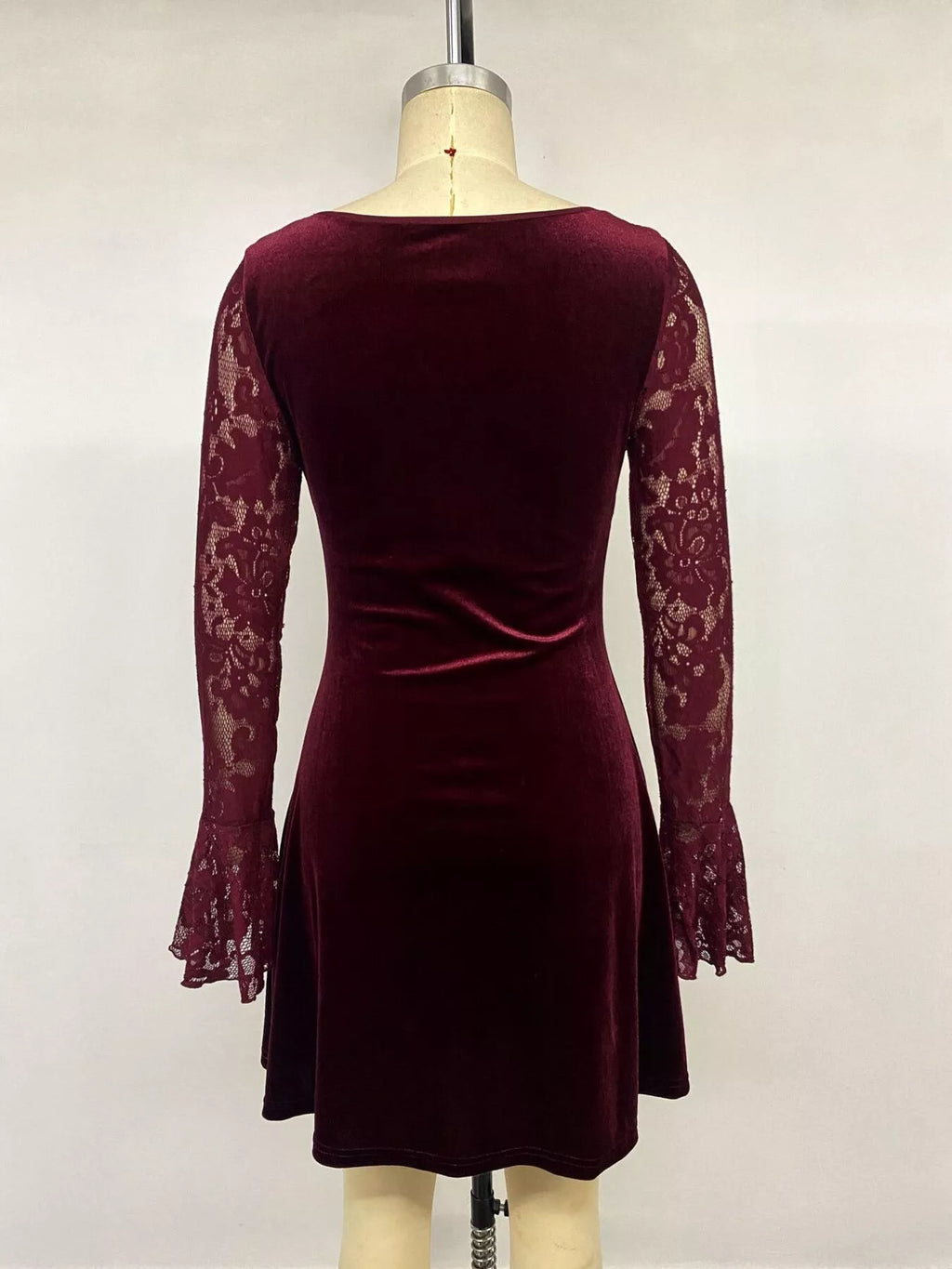 Women's Burgundy Lace Flare Sleeve Mini Dress - Burgundy