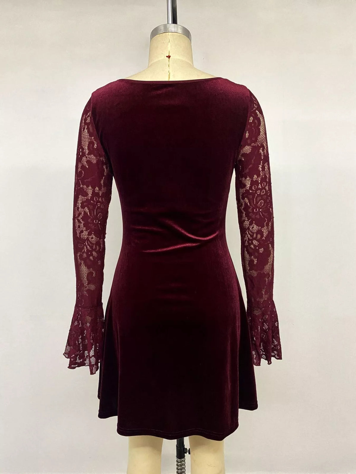 Women's Burgundy Lace Flare Sleeve Mini Dress - Burgundy