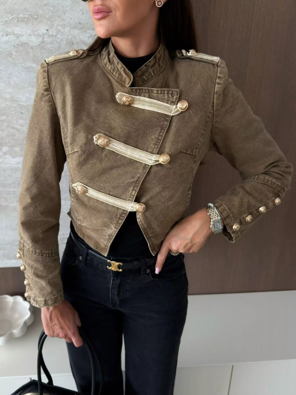 Women's Khaki Button Detail Cropped Denim Jacket - Khaki