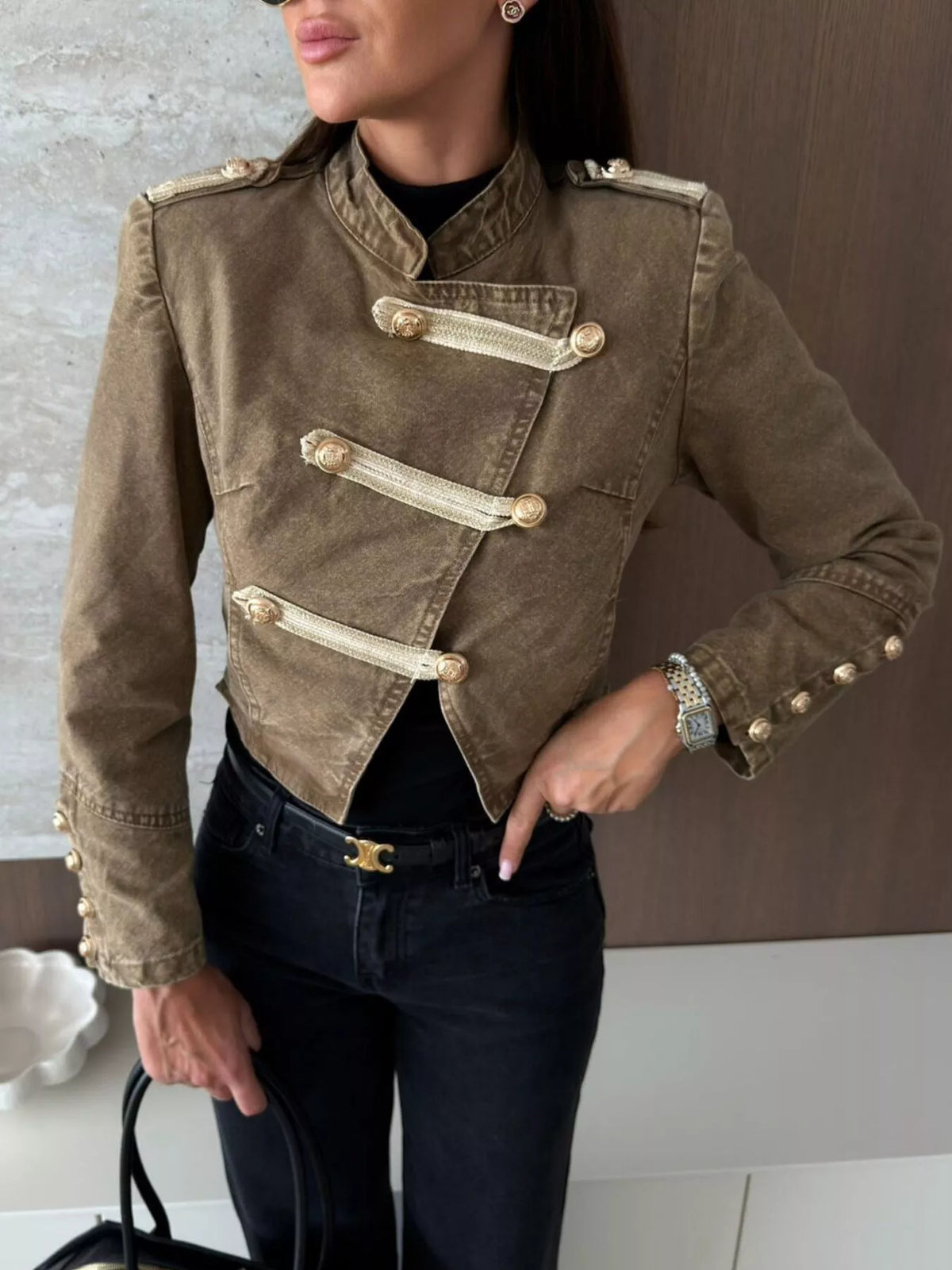 Women's Khaki Button Detail Cropped Denim Jacket - Khaki