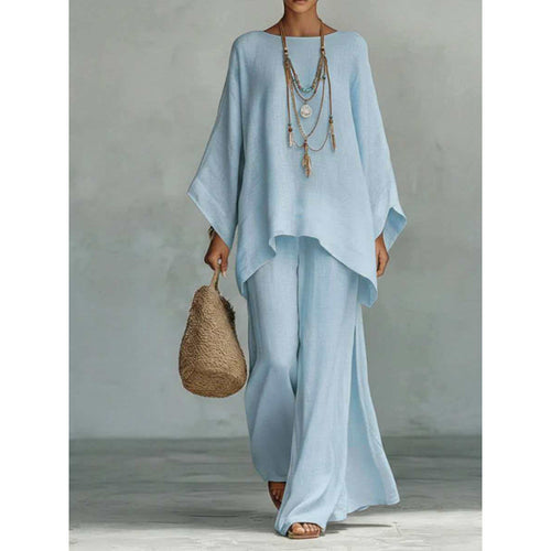 Autumn New Women's Simple Loose Linen Blended Shirt Wide Leg Pants Set