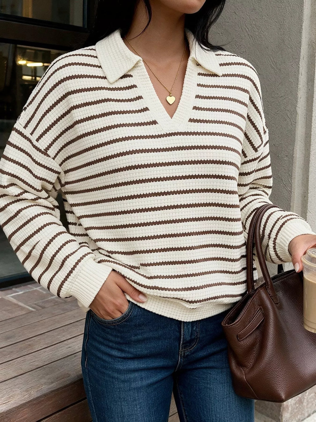 Striped Polo Collar Knit Sweatshirt