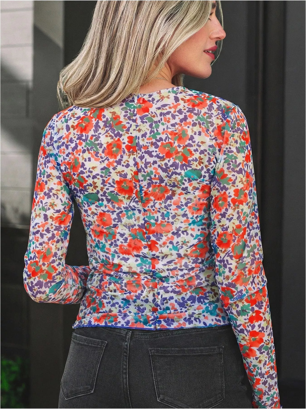 Women's Floral Print Sheer Mesh Long Sleeve Mock Neck Top - Floral