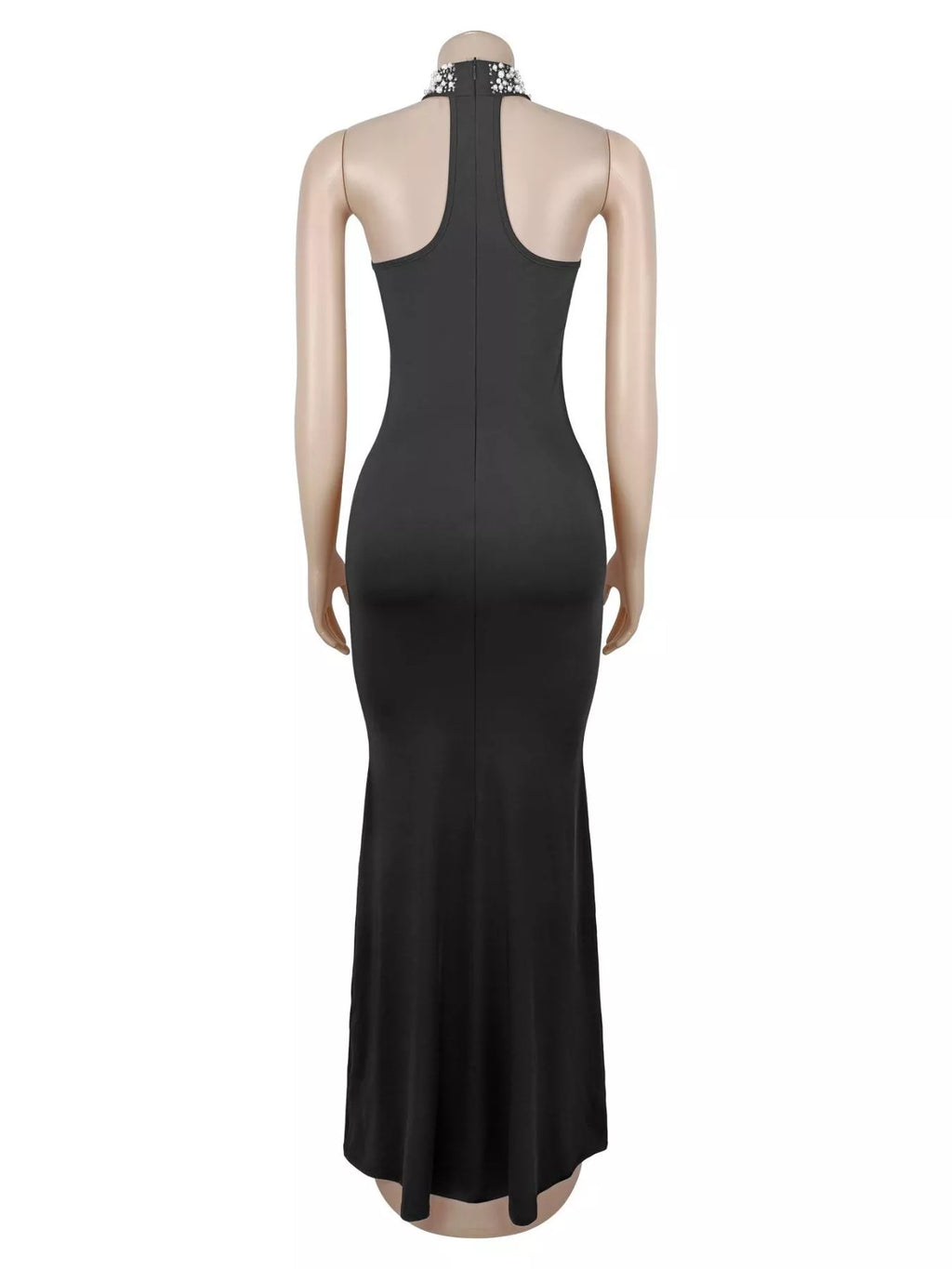 Women's Black Pearl Detail Rhinestone Sleeveless Maxi Dress - Black