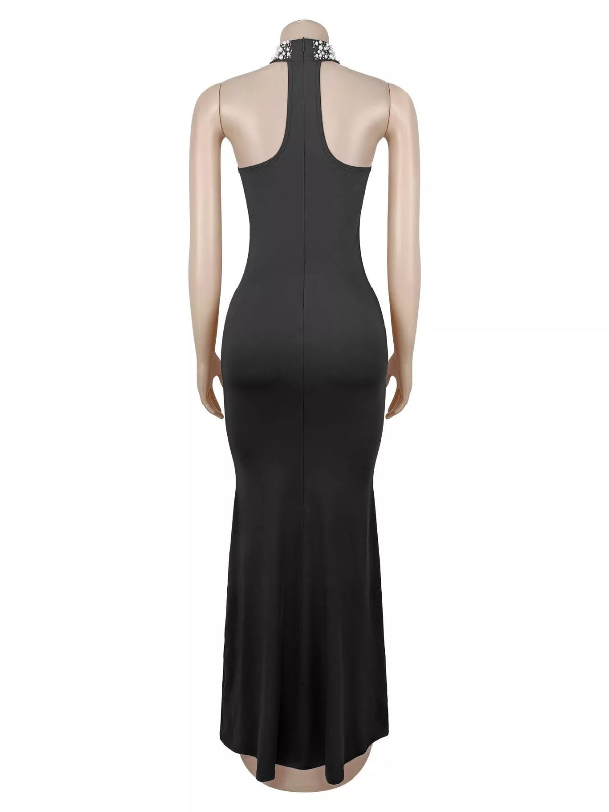 Women's Black Pearl Detail Rhinestone Sleeveless Maxi Dress - Black