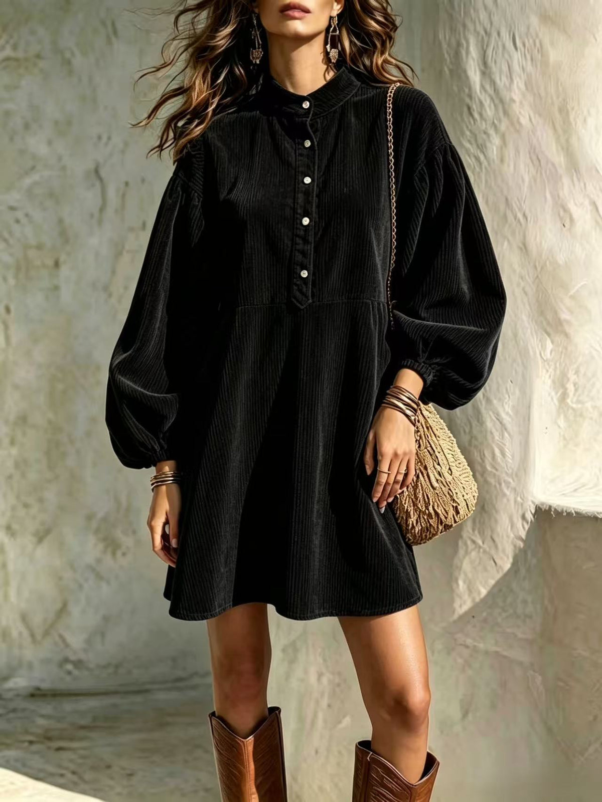 Hot Sale Fall Winter New Women's Fashion Vintage Corduroy Dress With Stand Collar And Lantern Sleeves