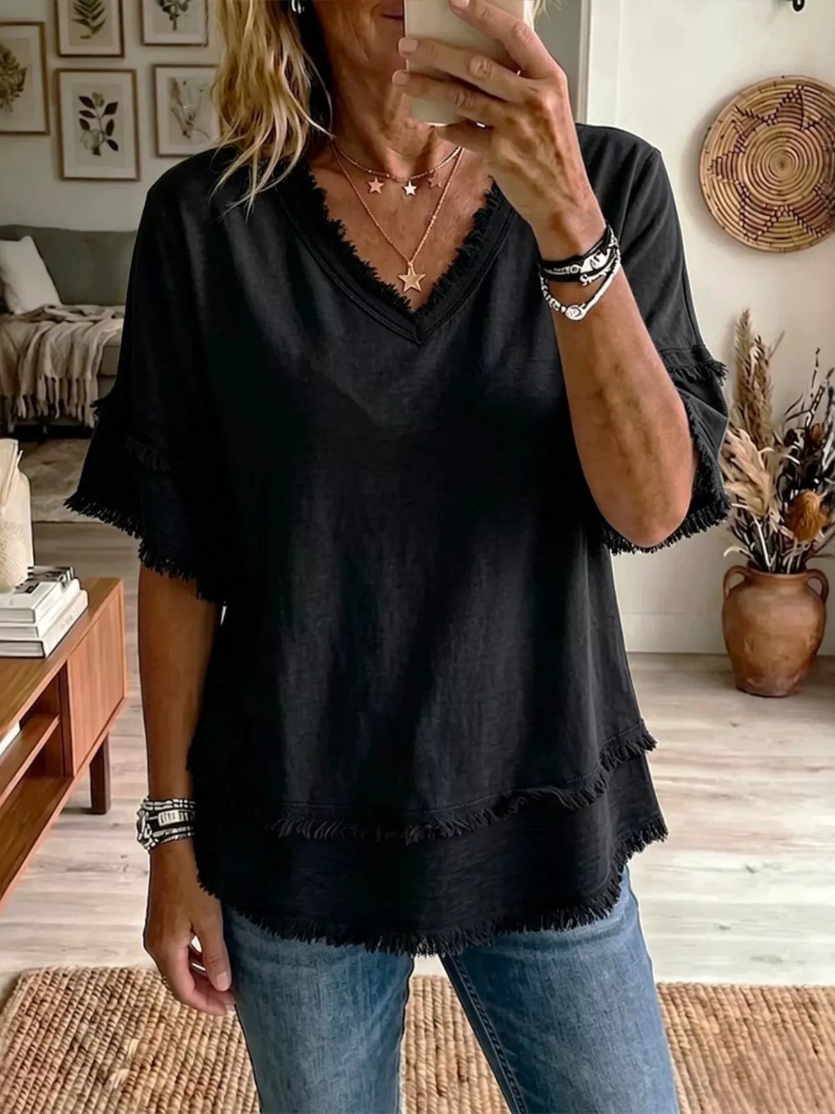 Full Size Frayed Edge V-Neck Blouse Plus Size