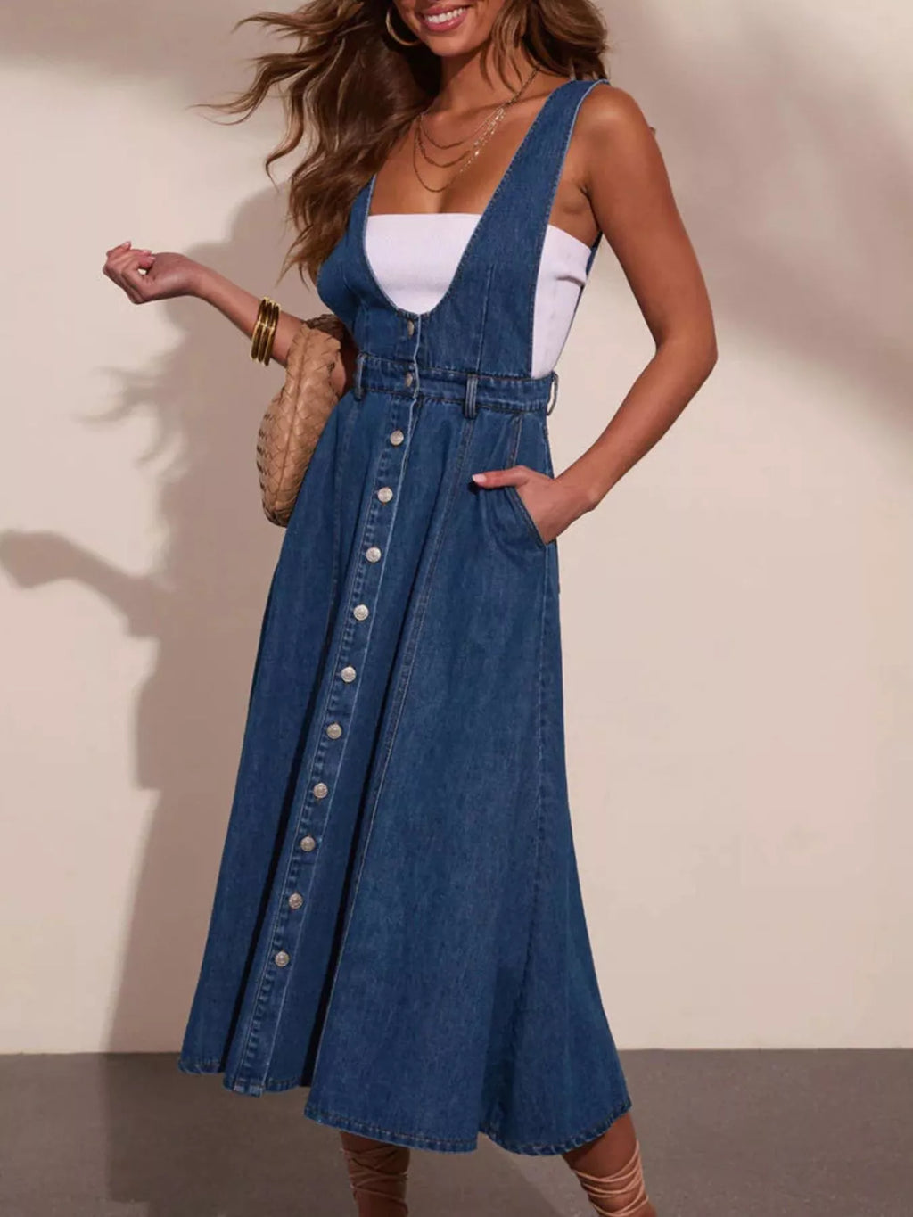 Women's Blue Button Front Denim Overall Midi Dress - Blue