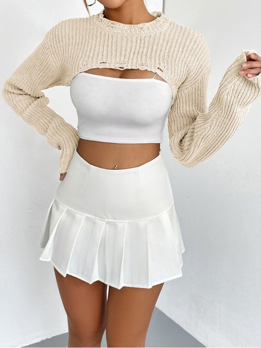 Women's Distressed Long Sleeve Cropped Sweater