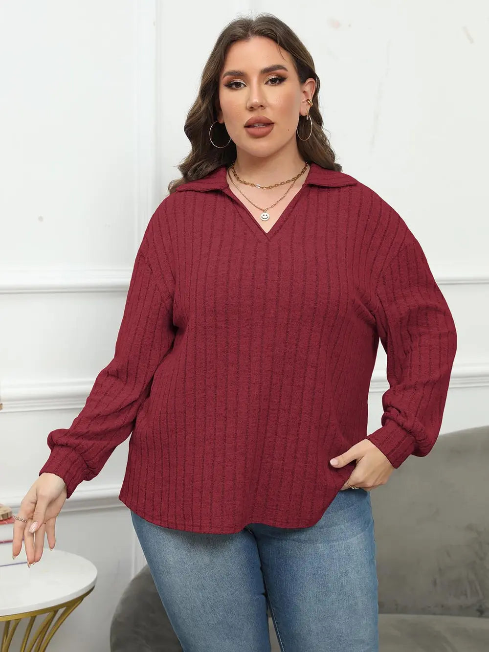 Women's Ribbed Collared Neck Long Sleeve Blouse, Plus Size