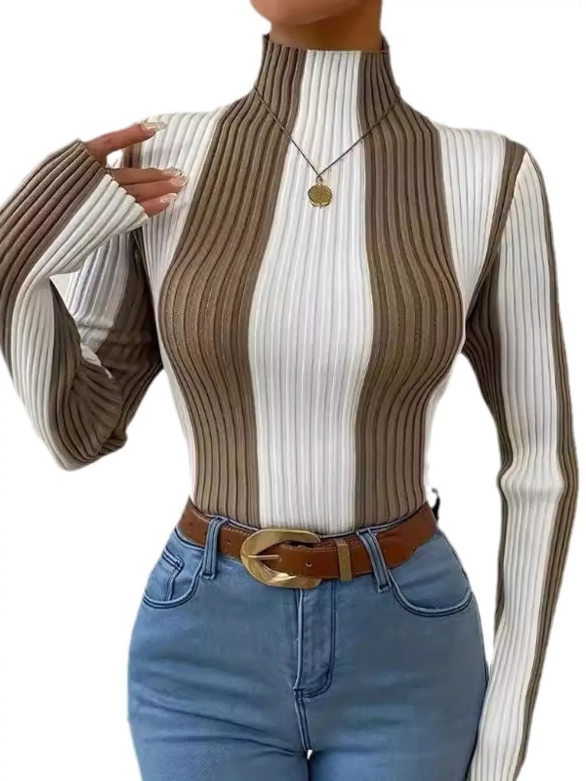 Women's Color Block Turtleneck Ribbed Knit Top