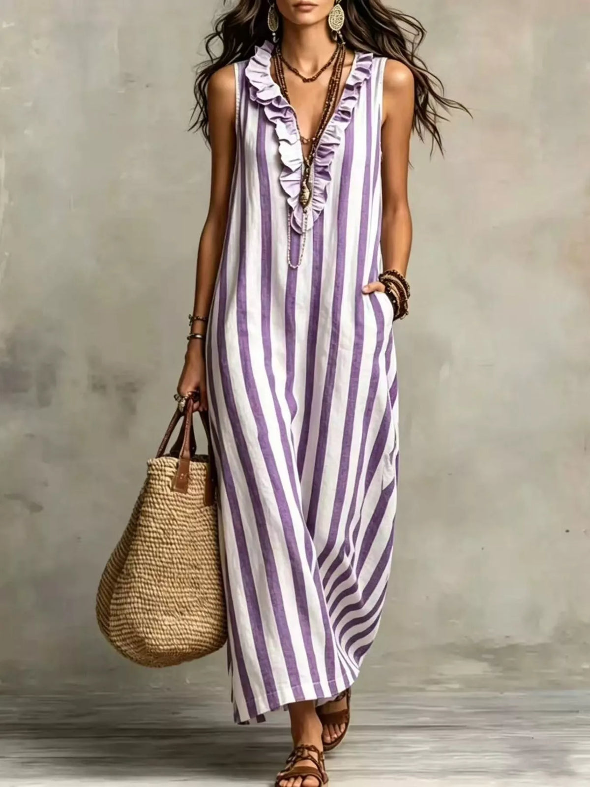 Full Size Sleeveless Striped Ruffle V-Neck Maxi Dress Plus Size