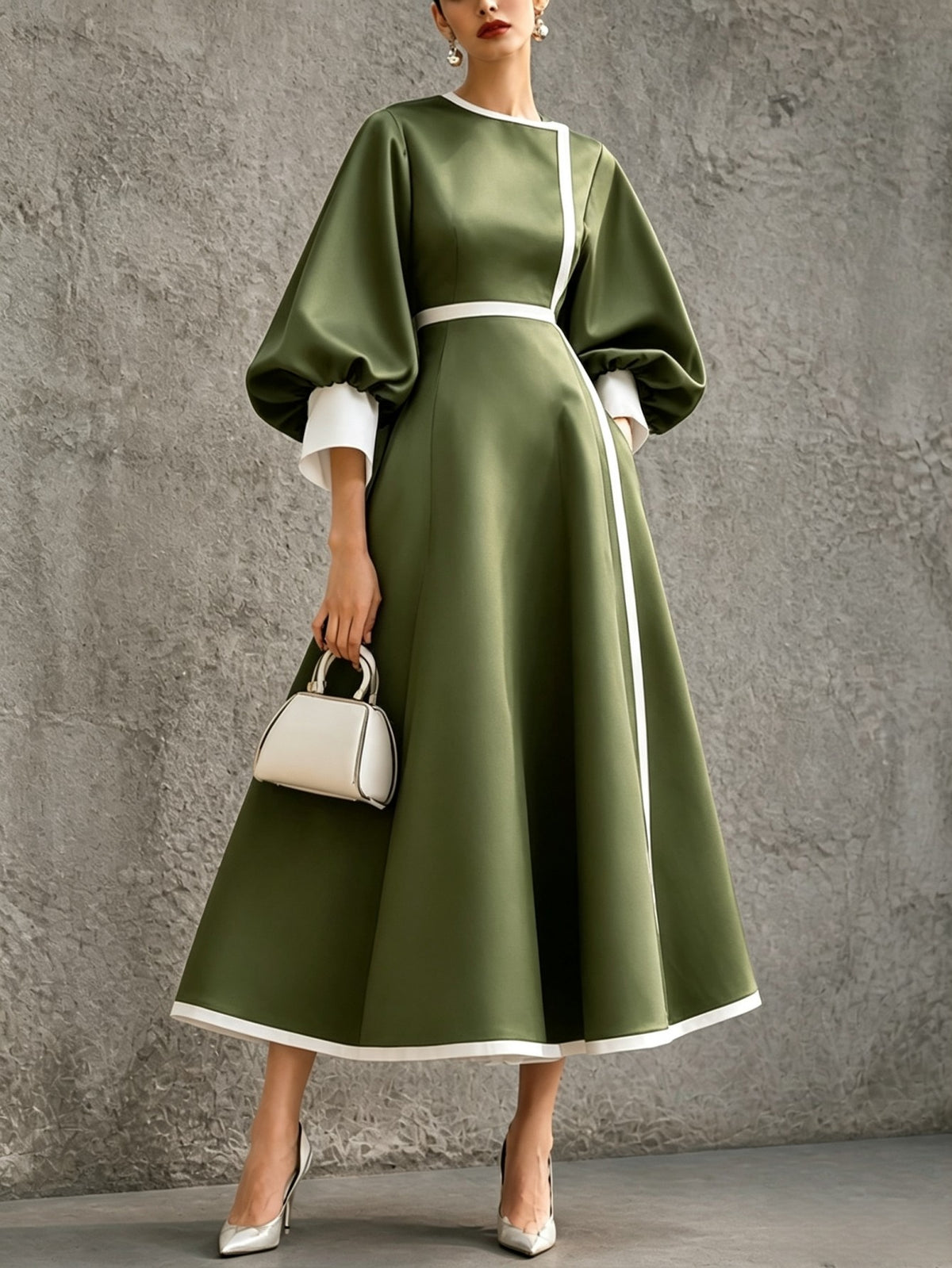 Women's Three-quarter Lantern-sleeve Color-block Dress