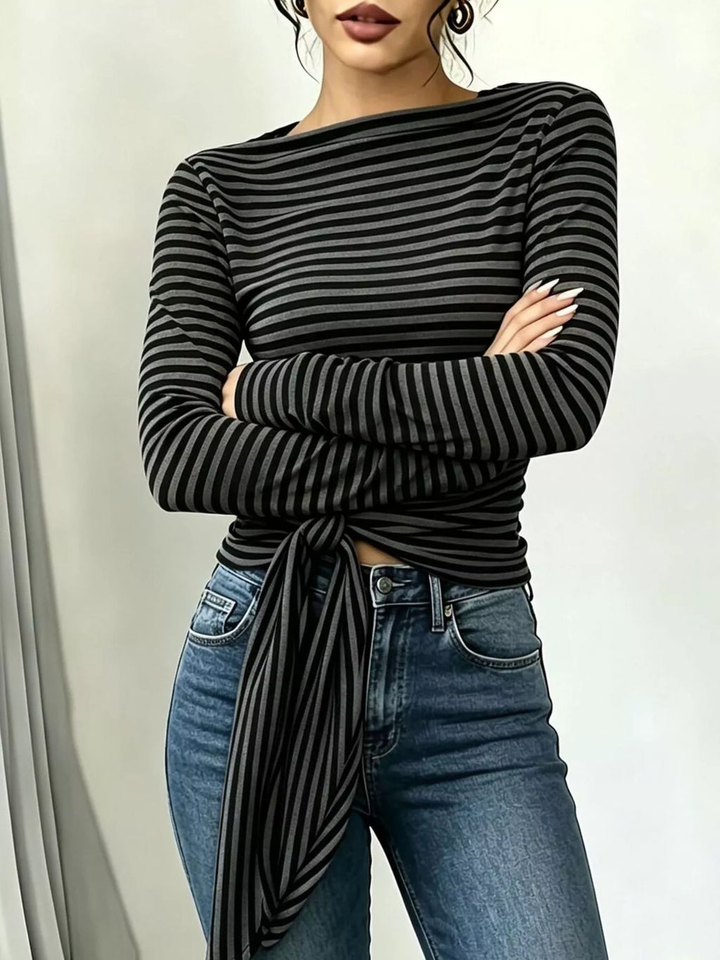Women's Long Sleeve Striped T-Shirt with Front Tie Detail