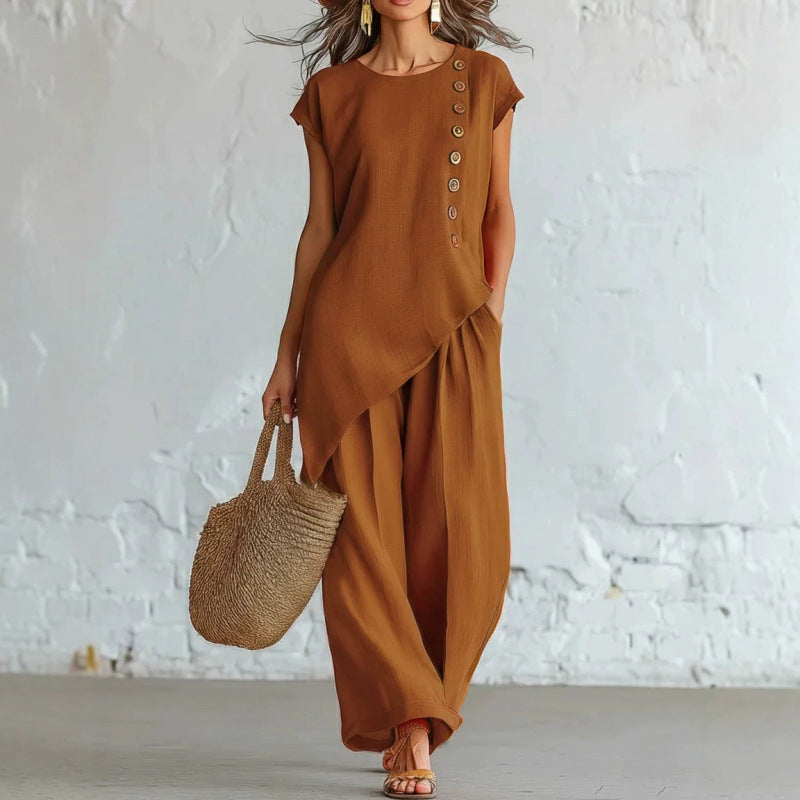 Women's Bohemian Beach Two Piece Set Round Neck Button Short Sleeve Top Wide Leg Trousers