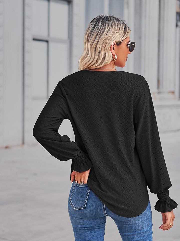 Women's V-Neck Eyelet Flounce Sleeve Blouse