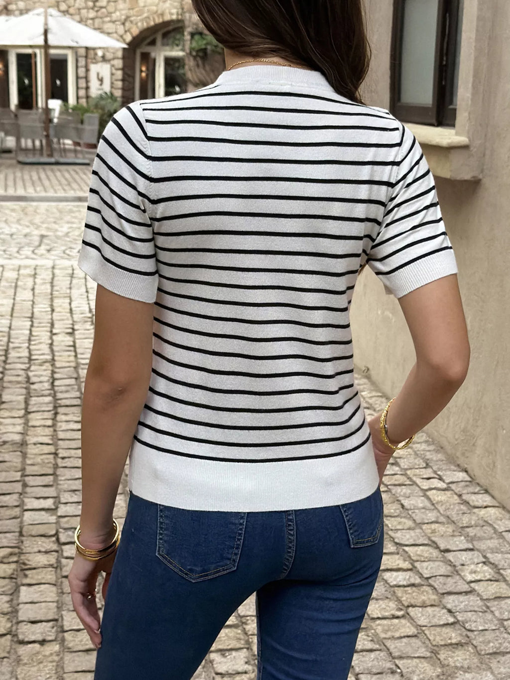 Women's Black Striped Short-Sleeve Knit Top - Black
