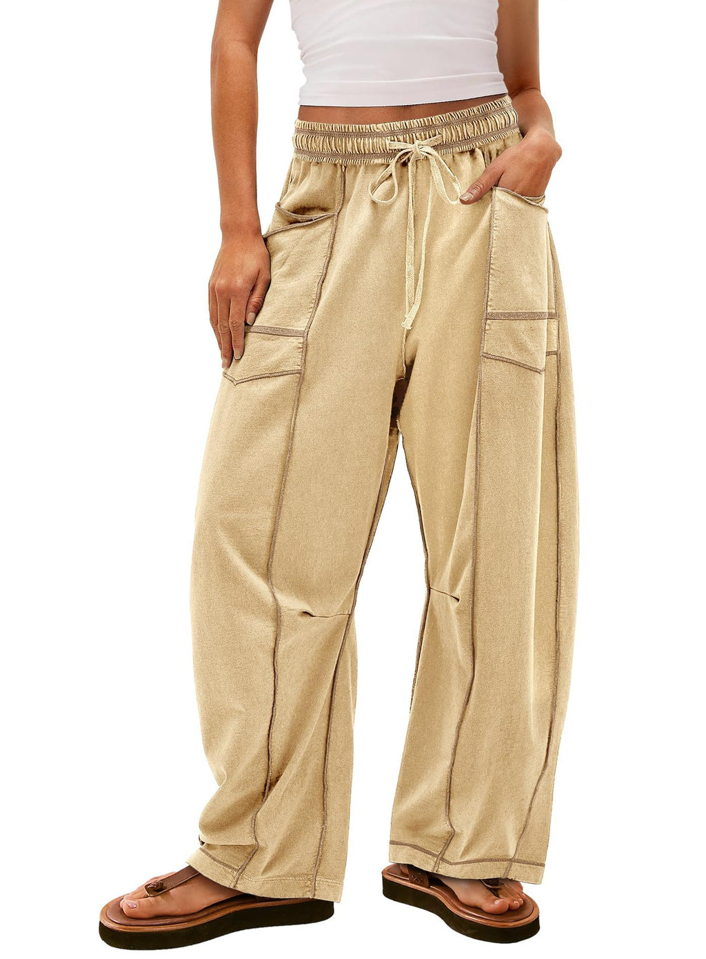 New -style Solid-color Casual Drawstring Elastic-waist Trousers With Pockets