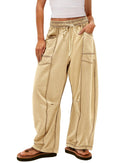 New -style Solid-color Casual Drawstring Elastic-waist Trousers With Pockets