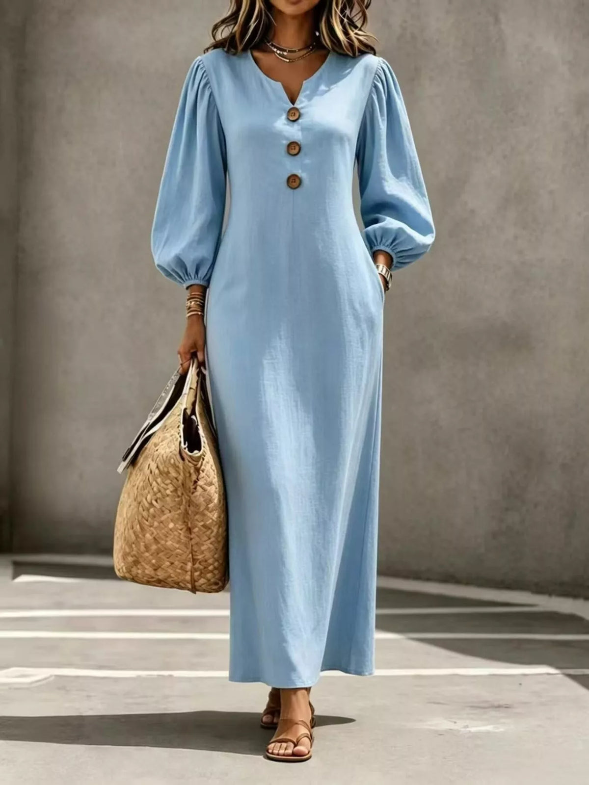 Decorative Button Balloon Sleeve Maxi Dress