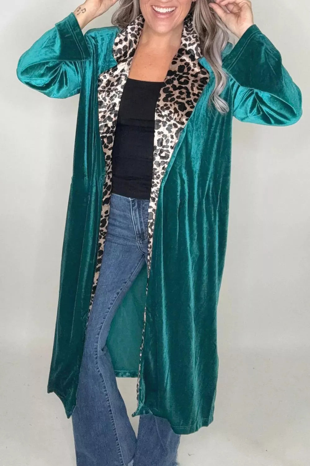 Women's Deep Teal Velvet Contrast Leopard Print Lapel Collar Open Front Cardigan - Deep Teal
