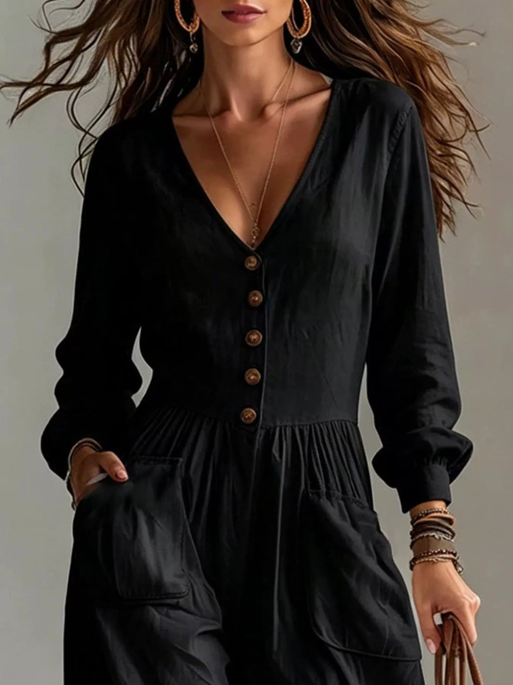 Women's V-Neck Long Sleeve Button Front Wide-Leg Jumpsuit