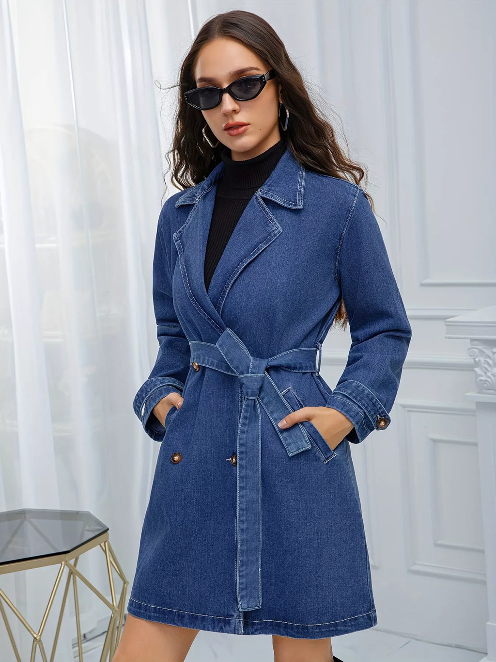 Women's Blue Belted Double-Breasted Denim Jacket - Blue