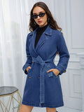 Women's Blue Belted Double-Breasted Denim Jacket - Blue