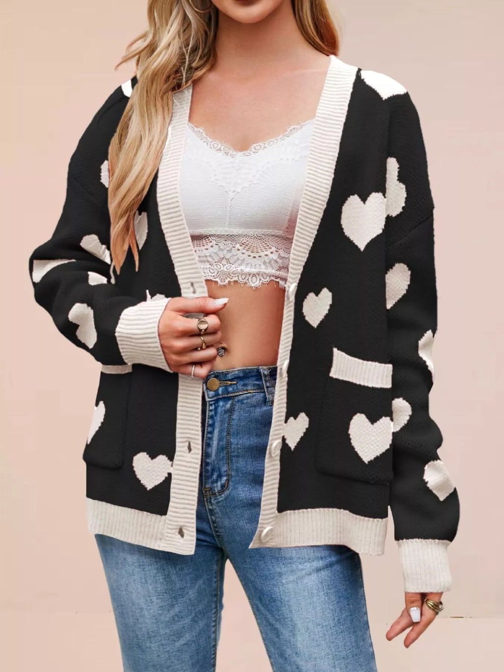 Women's Heart Pattern V-Neck Button-Down Knit Cardigan
