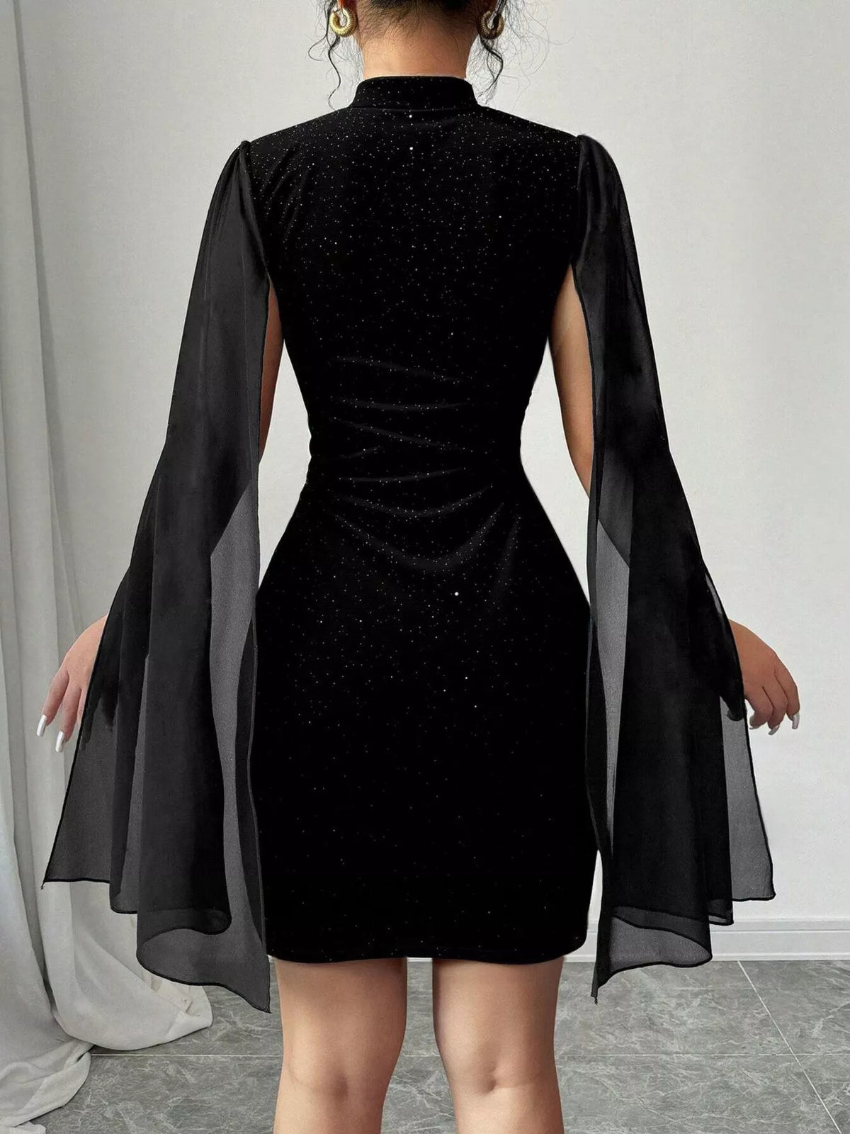 Women's Black Glitter Mesh Slit Sleeve Bodycon Mini Dress - Black