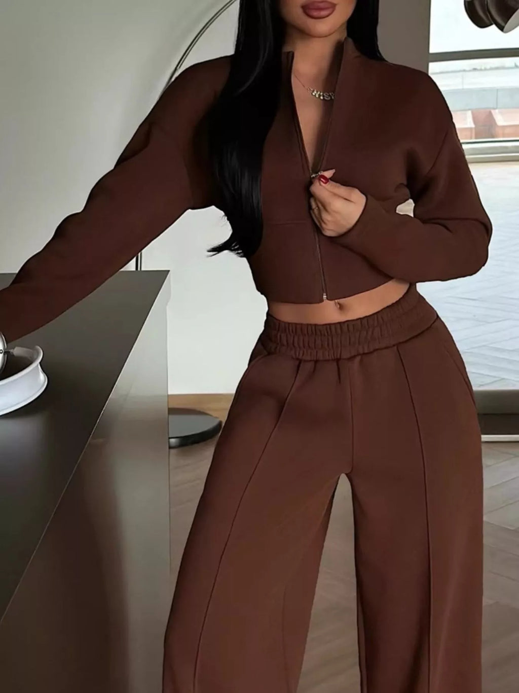 Women's Zip-Up Crop Jacket and Wide-Leg Pants Set
