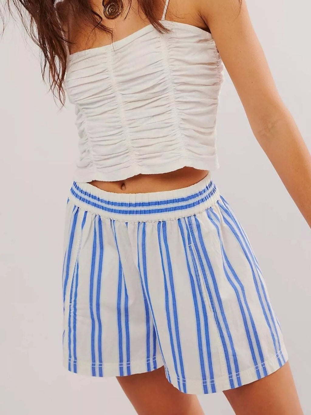 Women's Striped Elastic Waist Casual Shorts - Light Blue