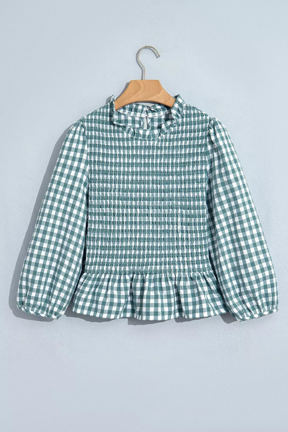 Women's Sage 3/4 Sleeve Shirred Plaid Peplum Top - Sage