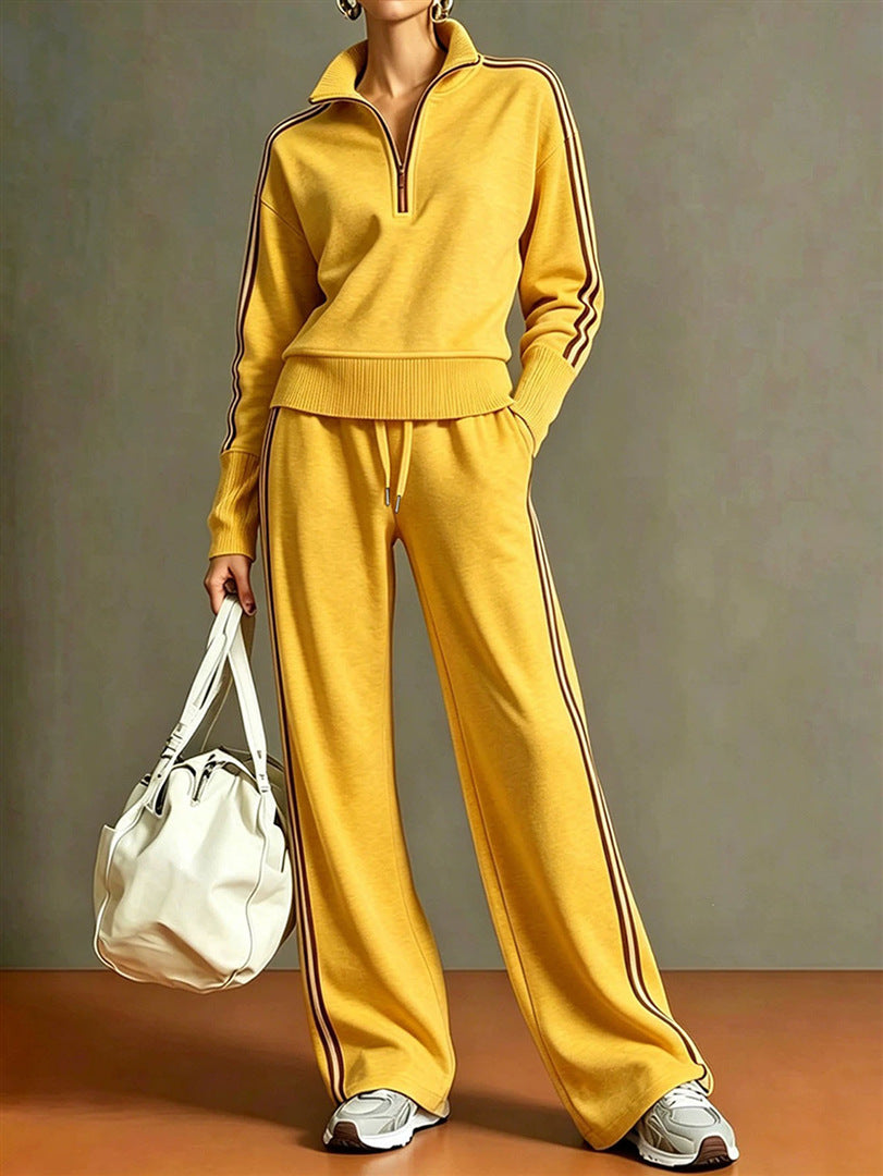 Women's 2 Piece Tracksuit Set, Half Zip Stand Collar Striped Long Sleeve Sweatshirt And Drawstring Wide Leg Pants Casual Outfit