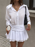 Women's White Ruched Waist Layered Ruffle Hem Shirt Dress - White