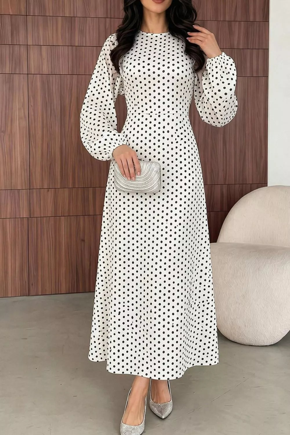 Women's Polka Dot Long Sleeve Maxi Dress