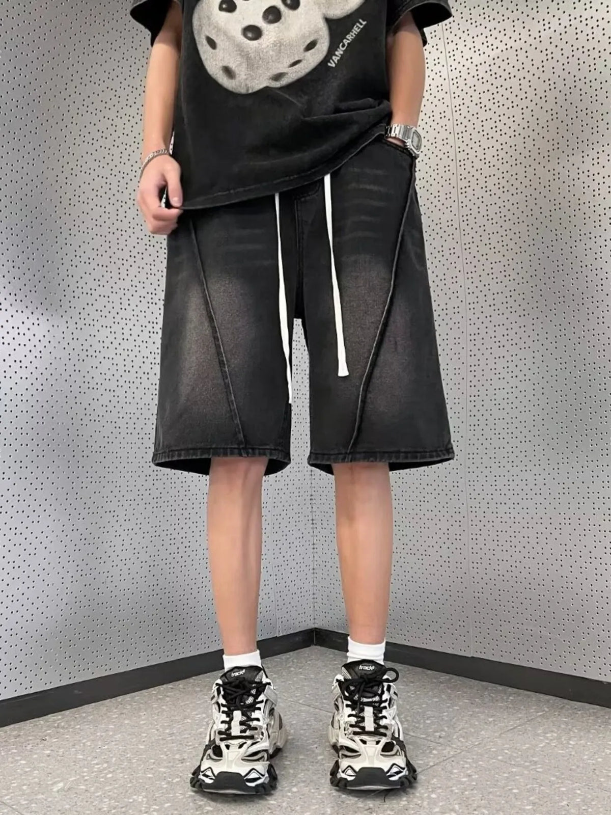 Men's Full Size Vintage Wash Drawstring Denim Shorts in Black & Light Blue Plus Size
