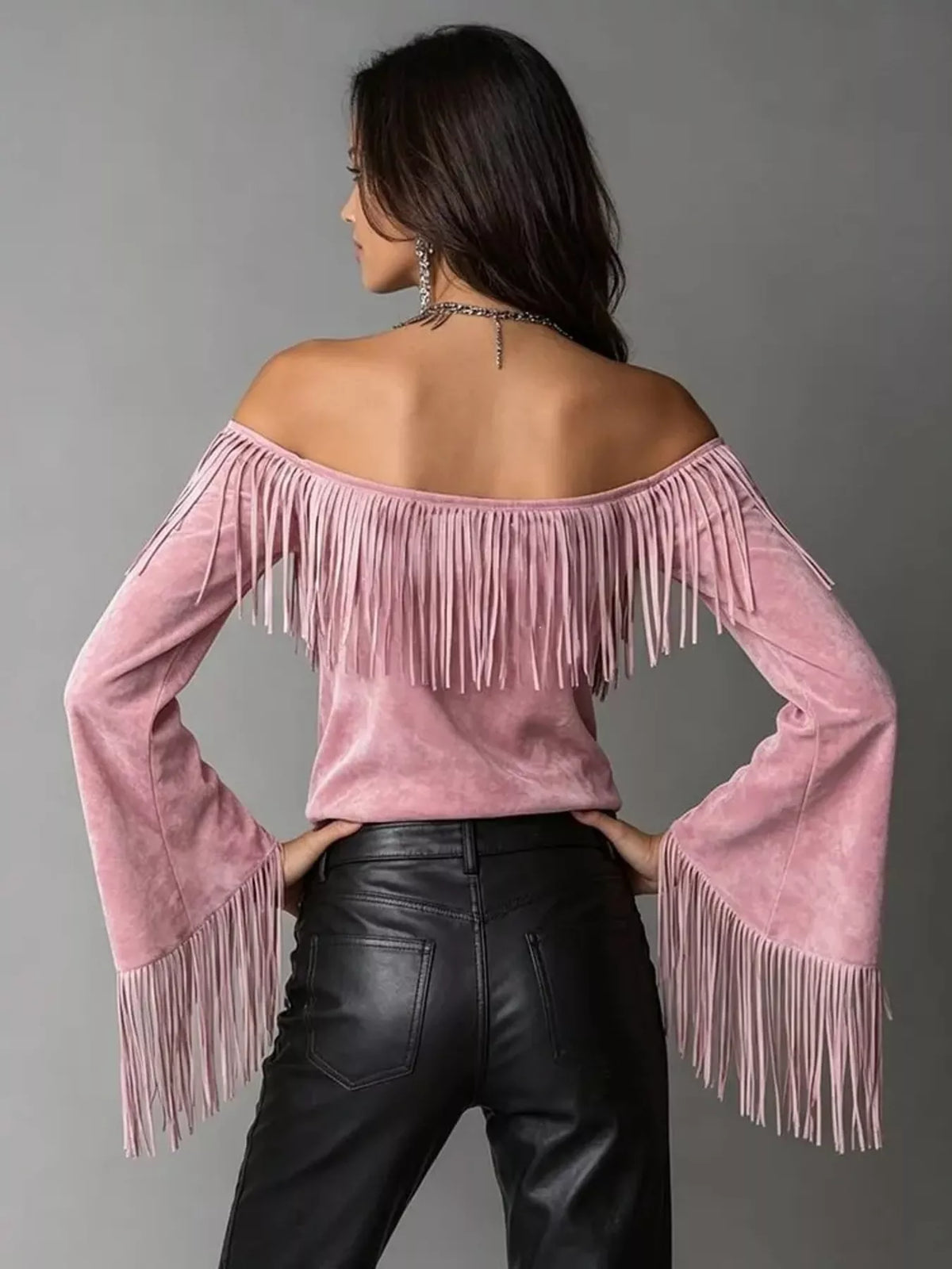 Full Size Fringed Off-Shoulder Flare Sleeve Top Plus Size