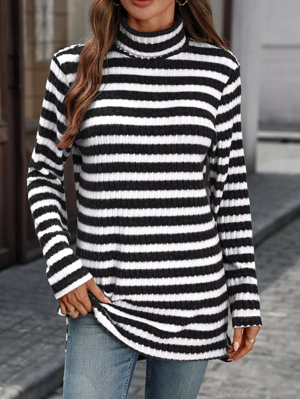 Women's Striped Ribbed Knit Turtleneck Long Sleeve T-Shirt