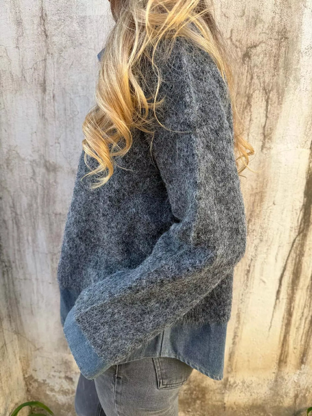 Women's Contrast Denim Collar Half-Zip Knit Sweater