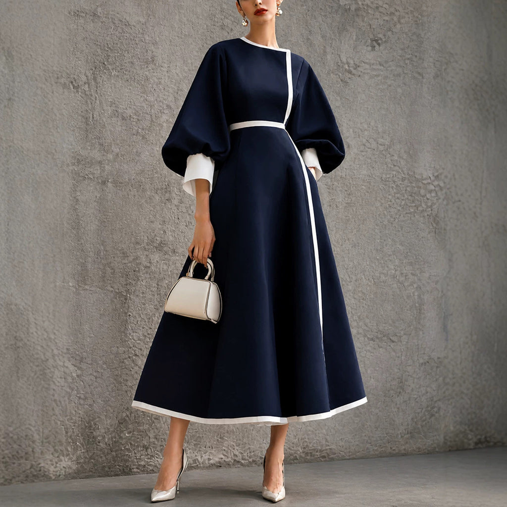 Women's Three-quarter Lantern-sleeve Color-block Dress
