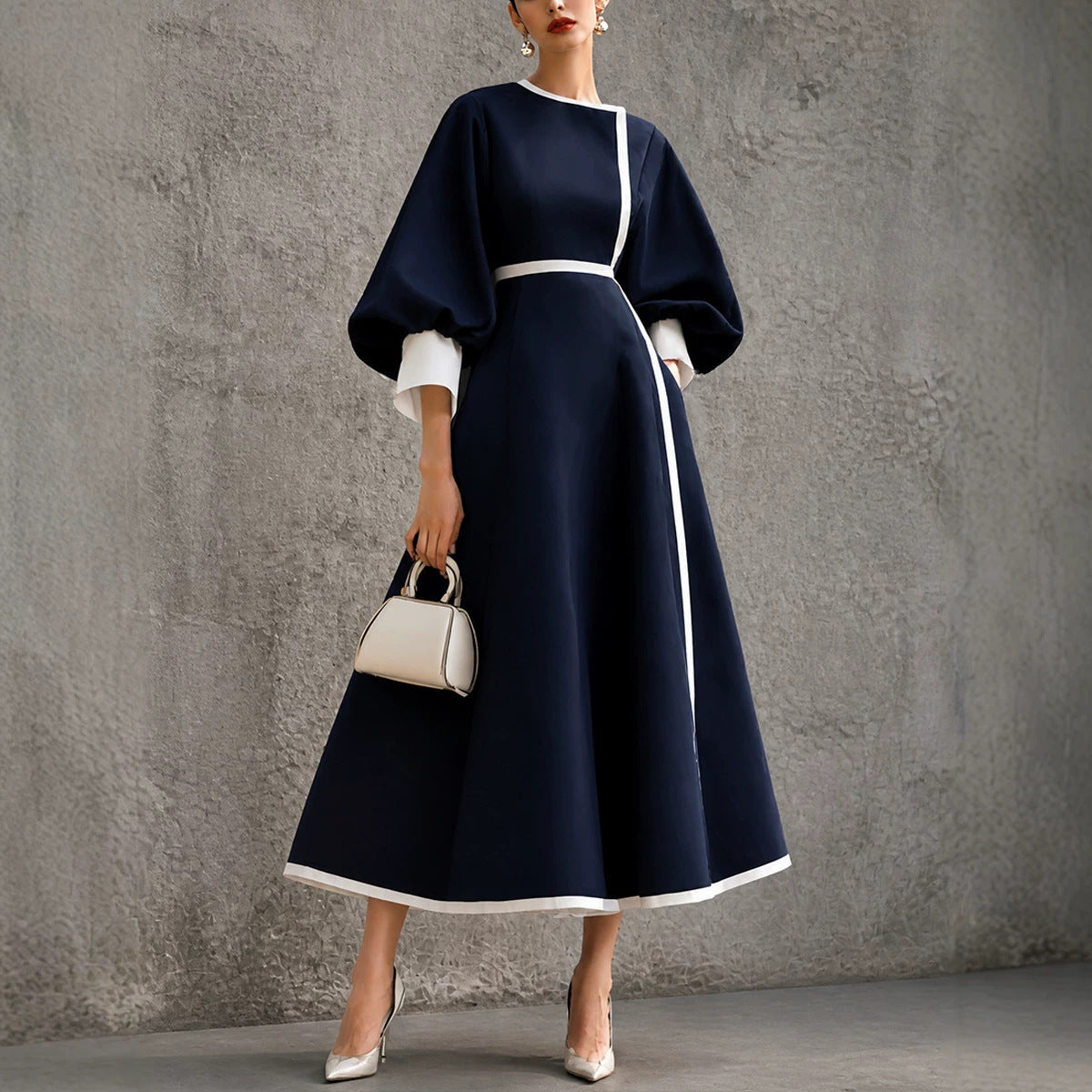 Women's Three-quarter Lantern-sleeve Color-block Dress