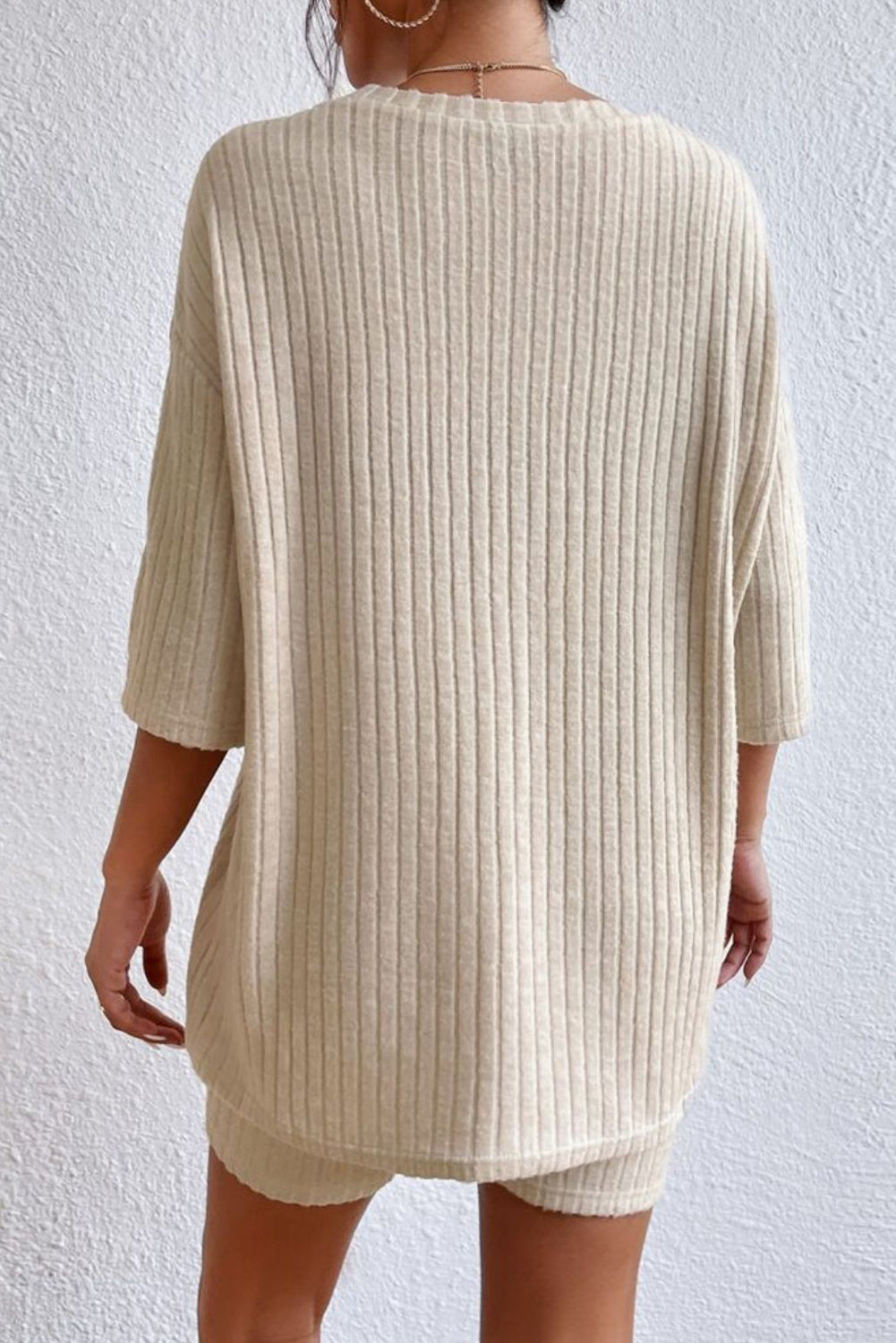 Women's Round Neck Ribbed Top and Shorts Lounge Set