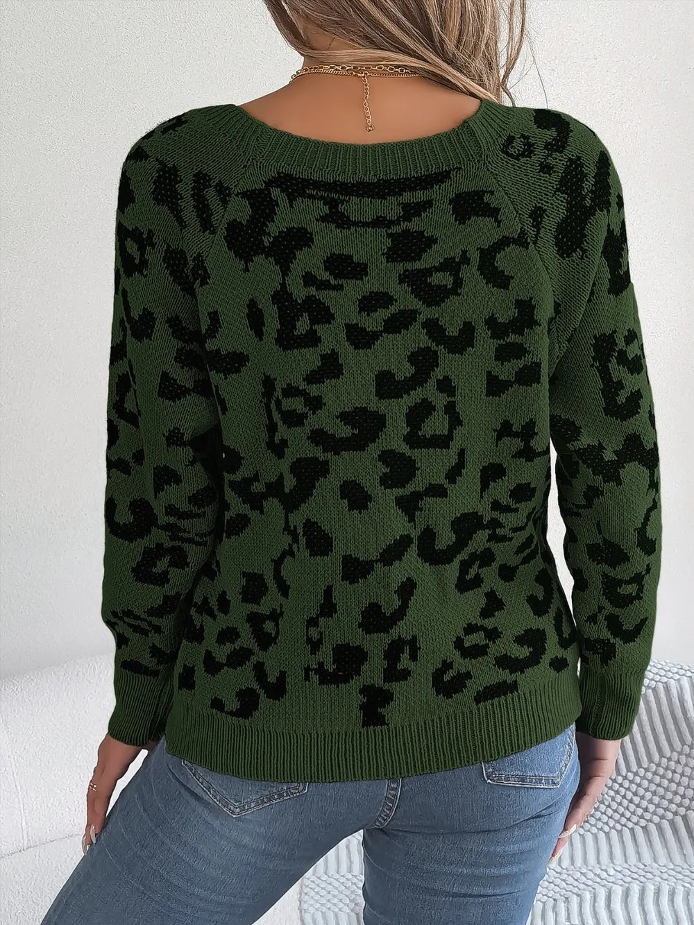 Women's Leopard Buttoned Square Neck Sweater