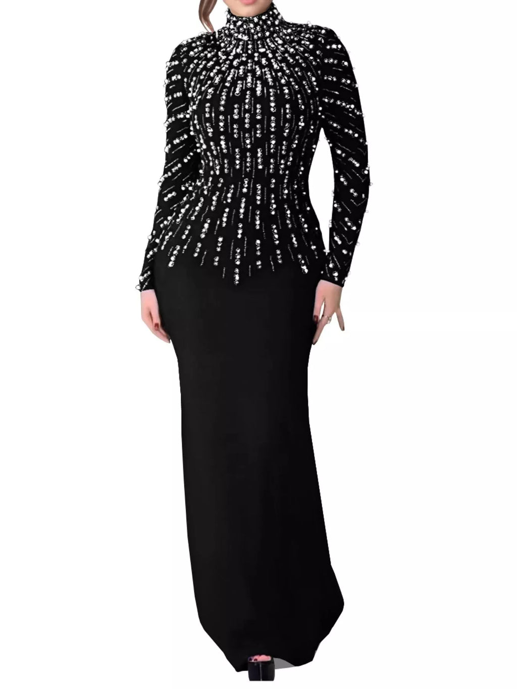 Women's Black Pearl Detail Mock Neck Maxi Dress - Black