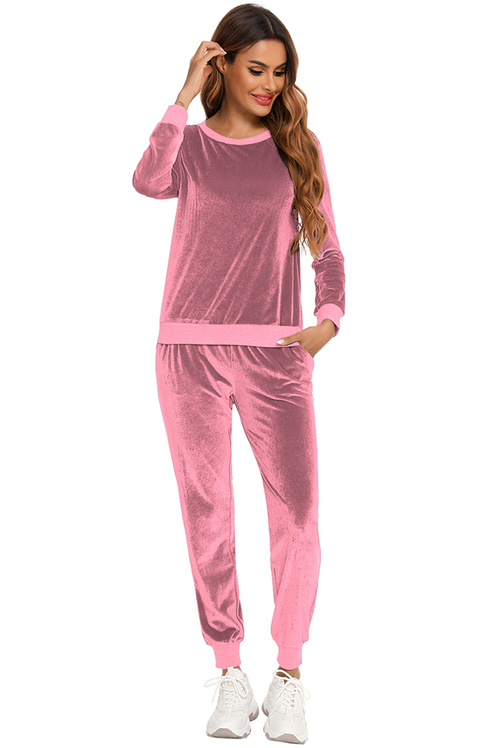 Women's Round Neck Long Sleeve Loungewear Set with Pockets