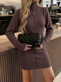 Women's Brown Turtleneck Ribbed Knit Sweater Dress - Brown