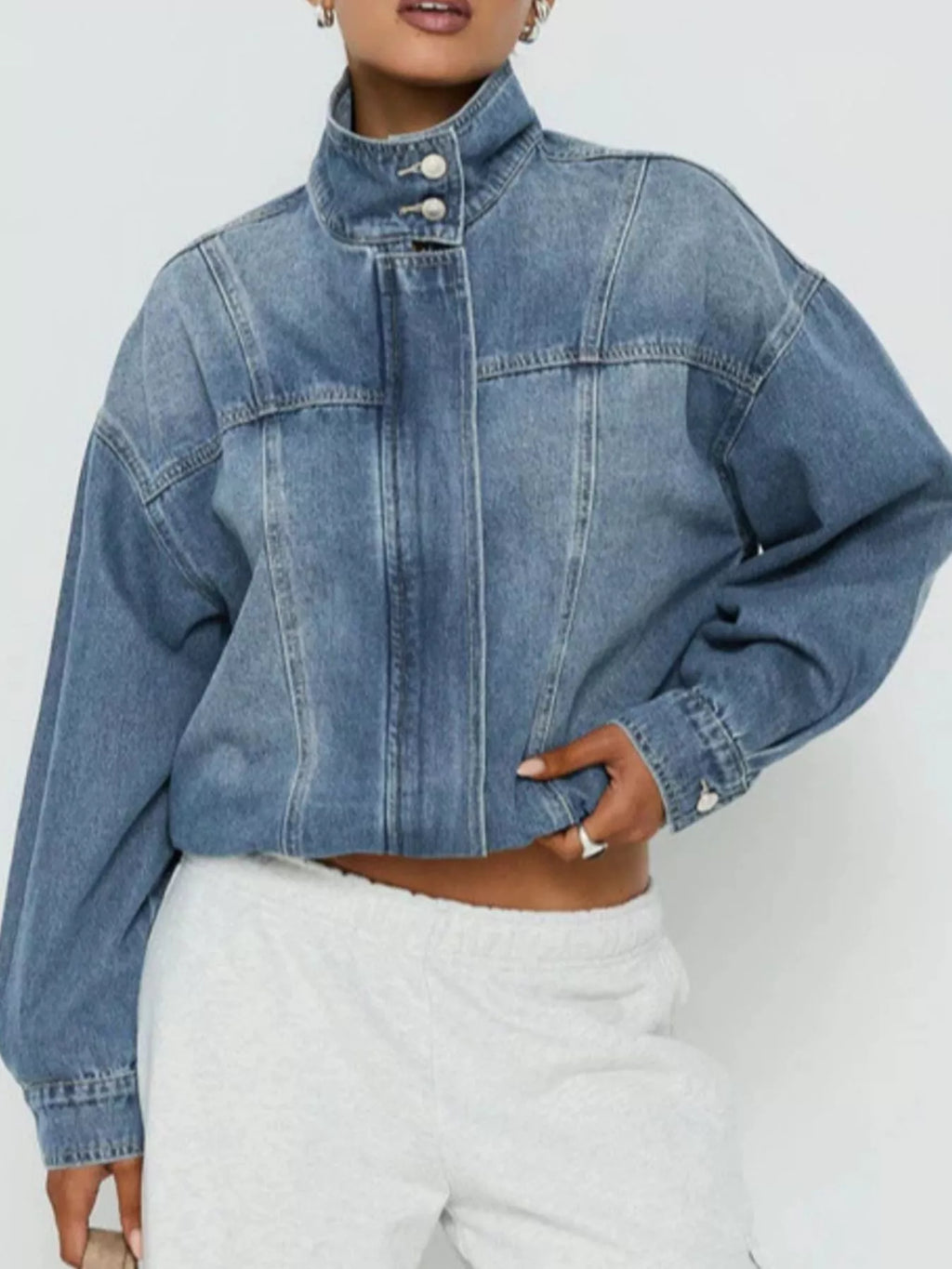 Women's Blue Washed Stand-Up Collar Denim Jacket - Blue