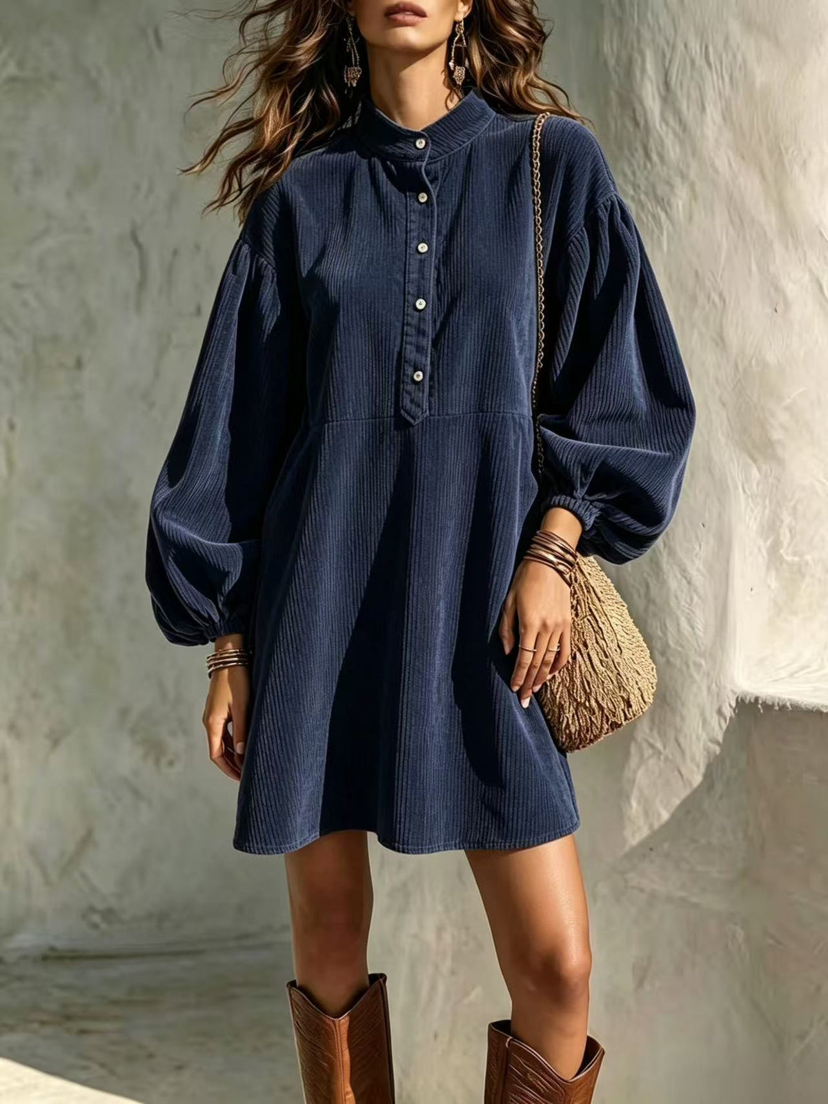 Hot Sale Fall Winter New Women's Fashion Vintage Corduroy Dress With Stand Collar And Lantern Sleeves